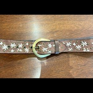 Calvin Klein gently used brown leather belt with studs & embroidery.
